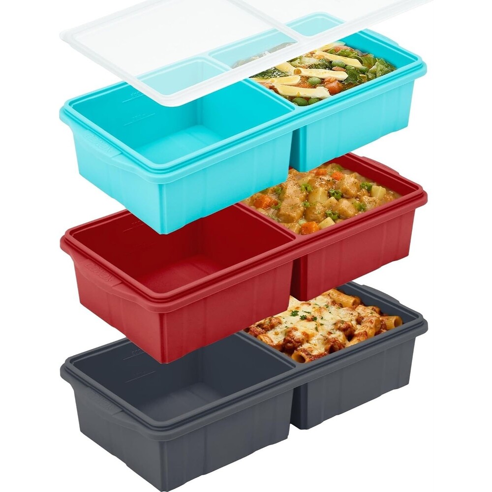 3-Pack Silicone Soup Freezer Trays w/ Lids Makes 6 Large Portions BPA Free